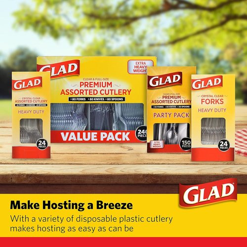 Glad Crystal Clear Heavy Duty Forks - 24 Count Strong Disposable Plastic Forks for Daily Use