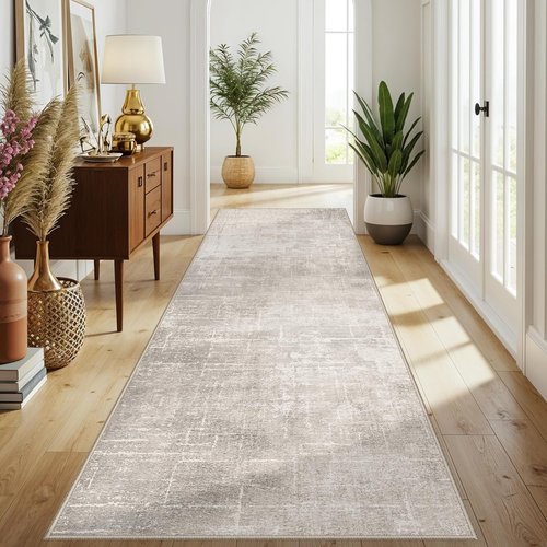 Hallway 4x10 Washable Runner Rug - Stain Resistant Abstract Design | Soft Non-Slip Carpet for Kitchen, Entryway, and Living Room (Beige/Cream)