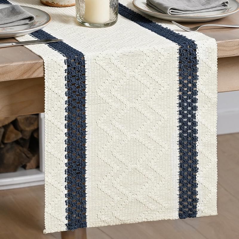 Artoid Mode Dark Blue Stripe Woven Rustic Table Runner 12x60 Inches - Variation: Dark Blue+12x60