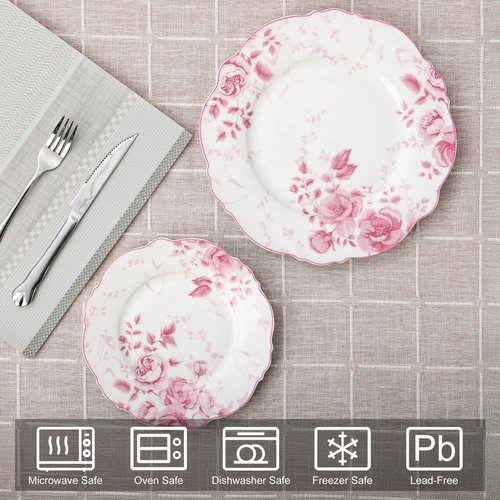 fanquare Pink Floral Dinner Plate Sets of 4, 10.5 Inch Large Round Porcelain Pasta Appetizer Steak Serving Dishes for Microwave & Dishwasher Safe