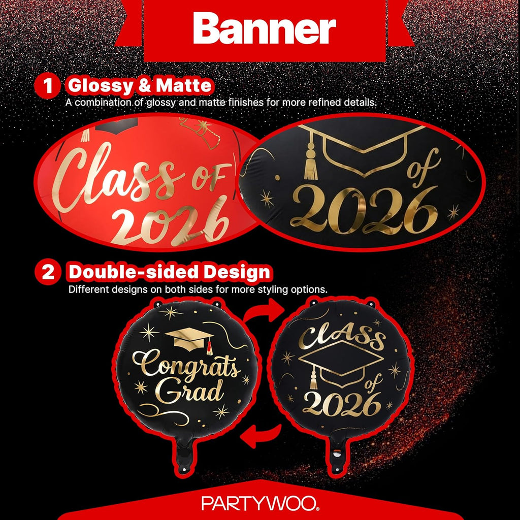 PartyWoo Graduation Balloons - Class of 2026 Black, Red & Gold Foil Number Balloons | 12pcs, 40 Inch & 18 Inch Mylar Decor