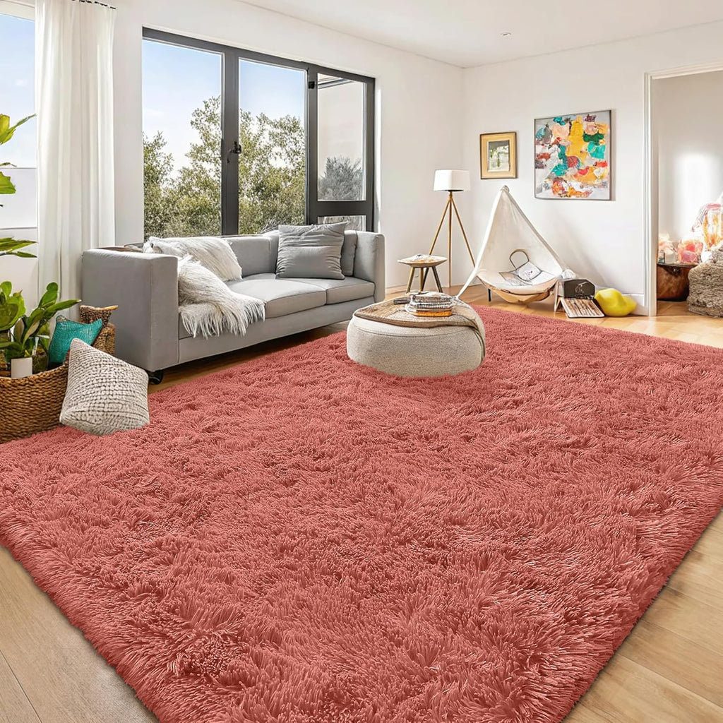 OLANLY Large Area Rug - Soft Fluffy Shaggy Carpet for Living Room & Bedroom | 9x12 Rust Red
