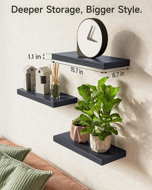 BAYKA Floating Wall Shelves - Set of 3 (15.7 Inches) & Set of 2 (36 Inches) - Sleek Black Design