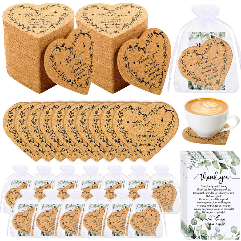 150 Sets Rustic Wedding Favor Coasters, Heart Cork Coasters for Guests, Mr & Mrs Coaster Favors with Thank You Cards & Organza Bags, Bridal Shower Party