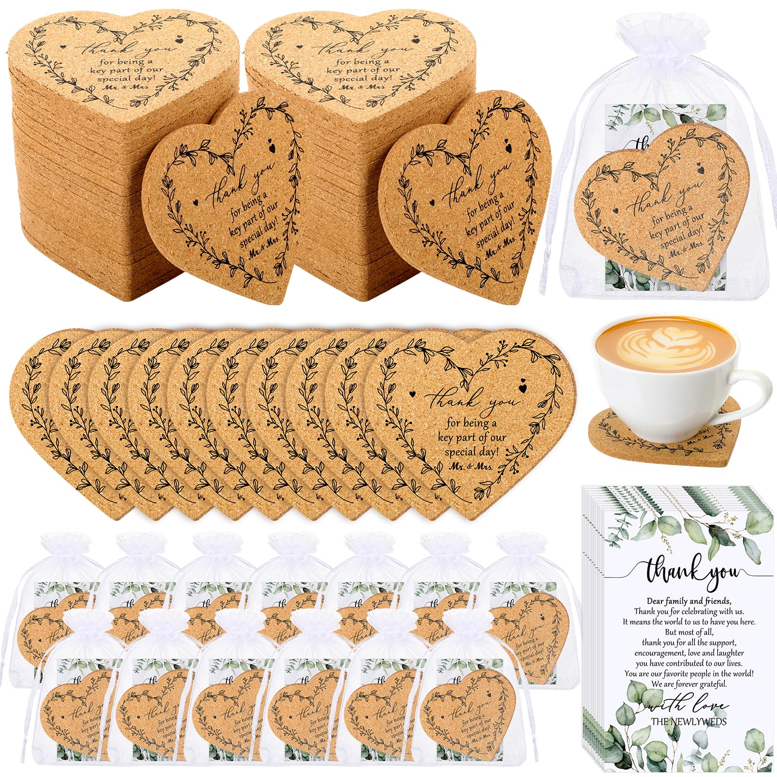150 Sets Rustic Wedding Favor Coasters, Heart Cork Coasters for Guests, Mr & Mrs Coaster Favors with Thank You Cards & Organza Bags, Bridal Shower Party