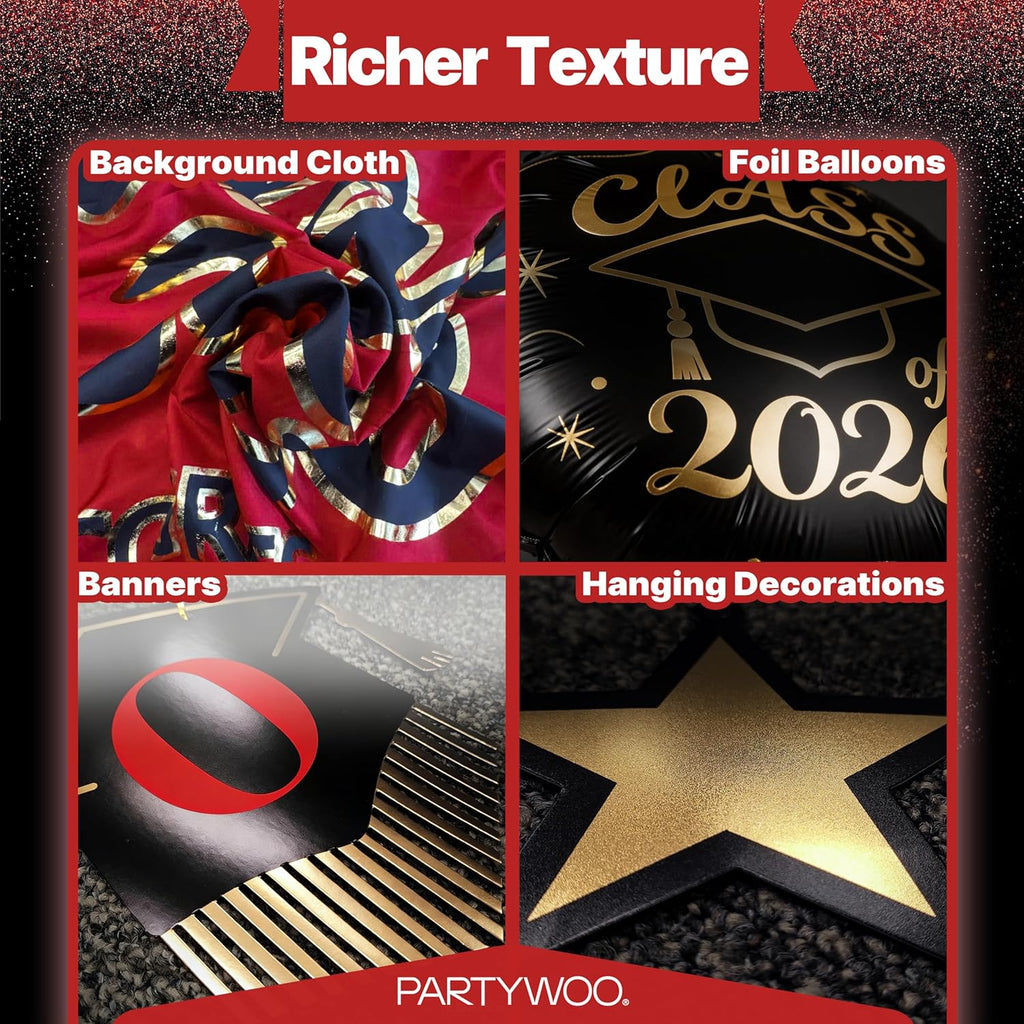 PartyWoo Graduation Decorations - Class of 2026 Supplies Set with Red Backdrop & Balloons | 40pcs