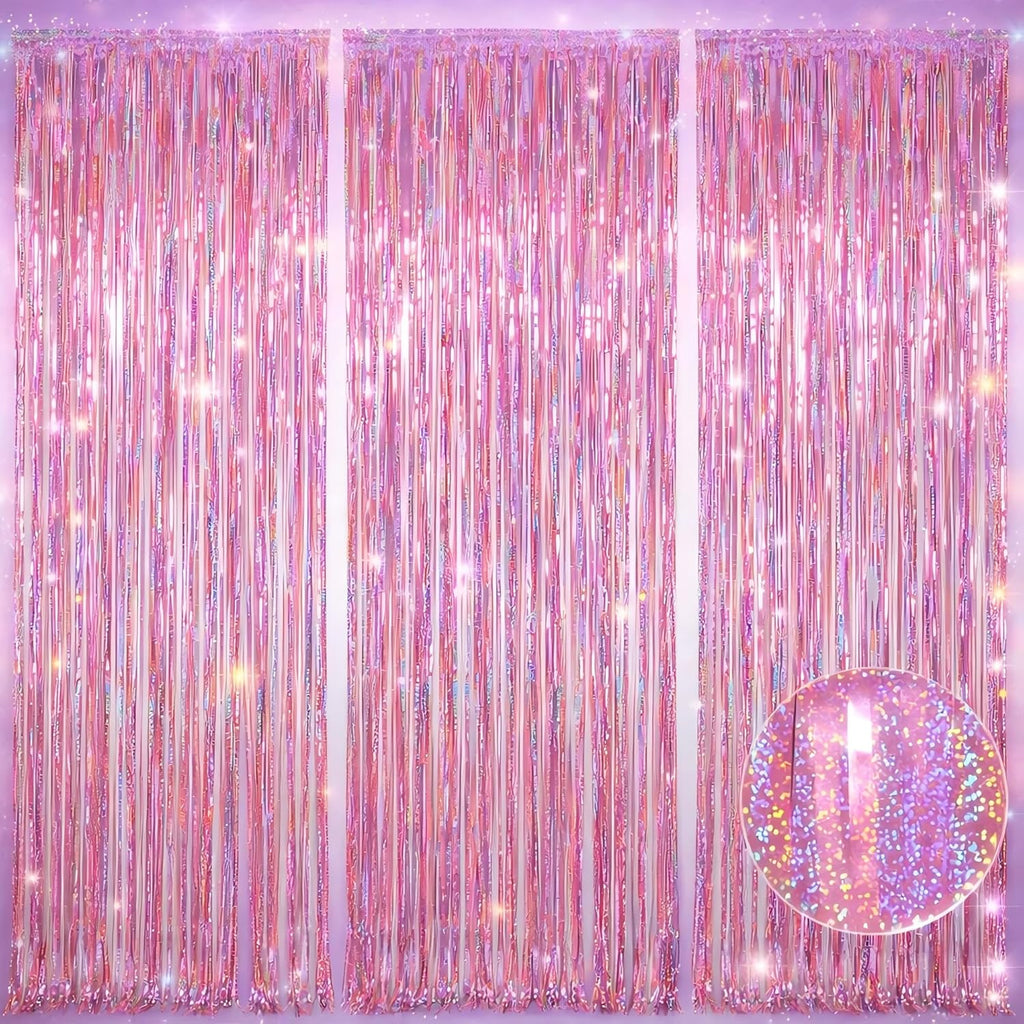 Melsan Pink Foil Fringe Curtain - Shiny Tinsel Backdrop for Bachelorette Parties | 3 Pack, 3.2 x 8.2 ft