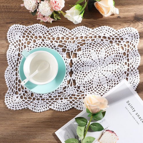 2 PCS Dollies for Tables Handmade Cotton Crochet Doilies White Table Mats Rectangle Lace Placemats Dresser Scarves 17.7×11.8 Inch