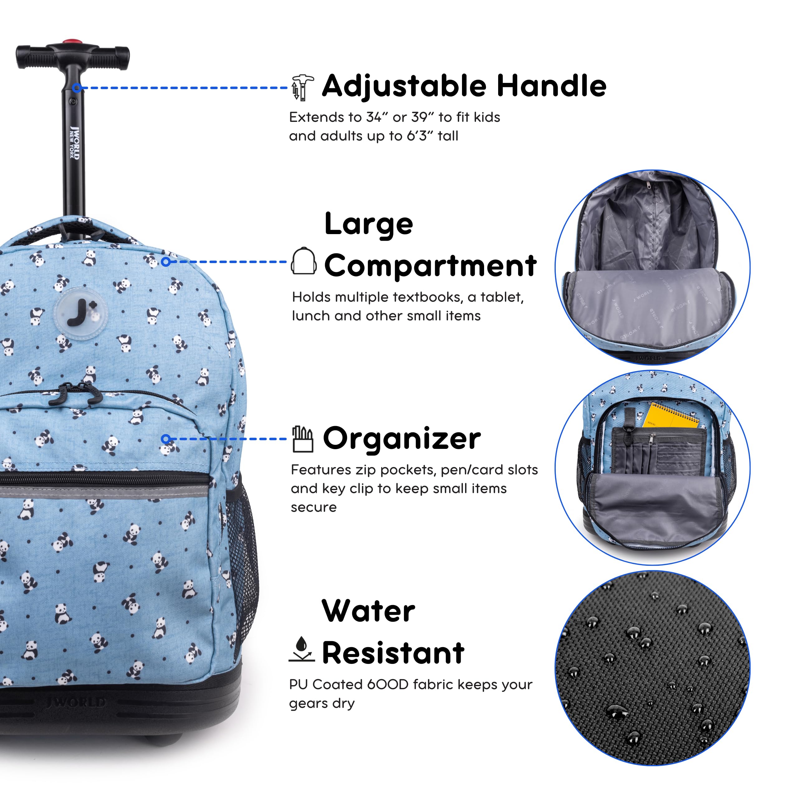 J World Sunrise Kids Rolling Backpack for Girls Boys. Roller Bookbag With Wheels For School, Panda