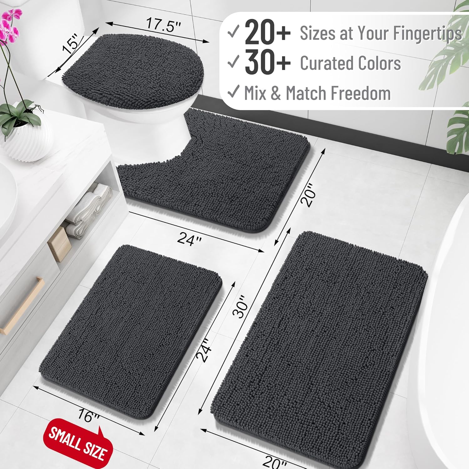 OLANLY Small Bathroom Rugs - Extra Soft Chenille Bath Mats | Quick Dry, Machine Washable, Dark Grey 24x16