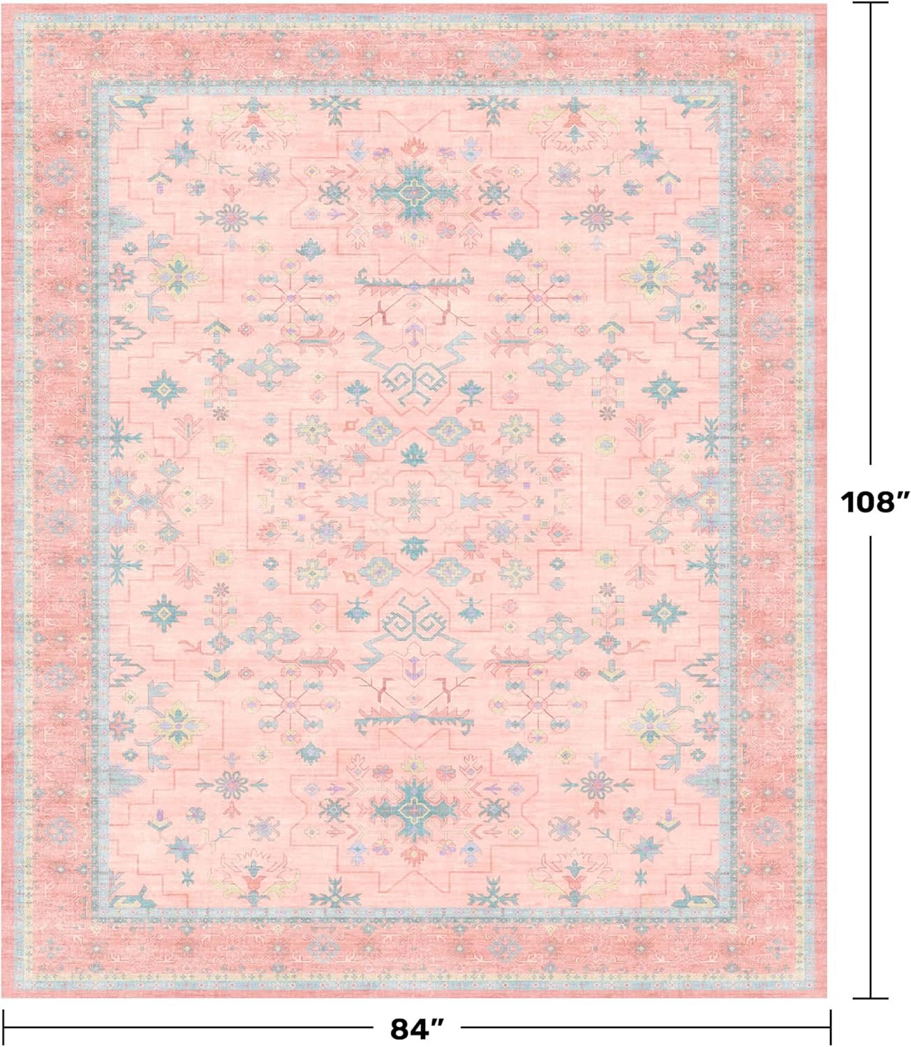 Skiennix Boho Area Rug - Washable Pink & Blue Floral Design | Soft Low Pile 7x9 for Kids' Rooms