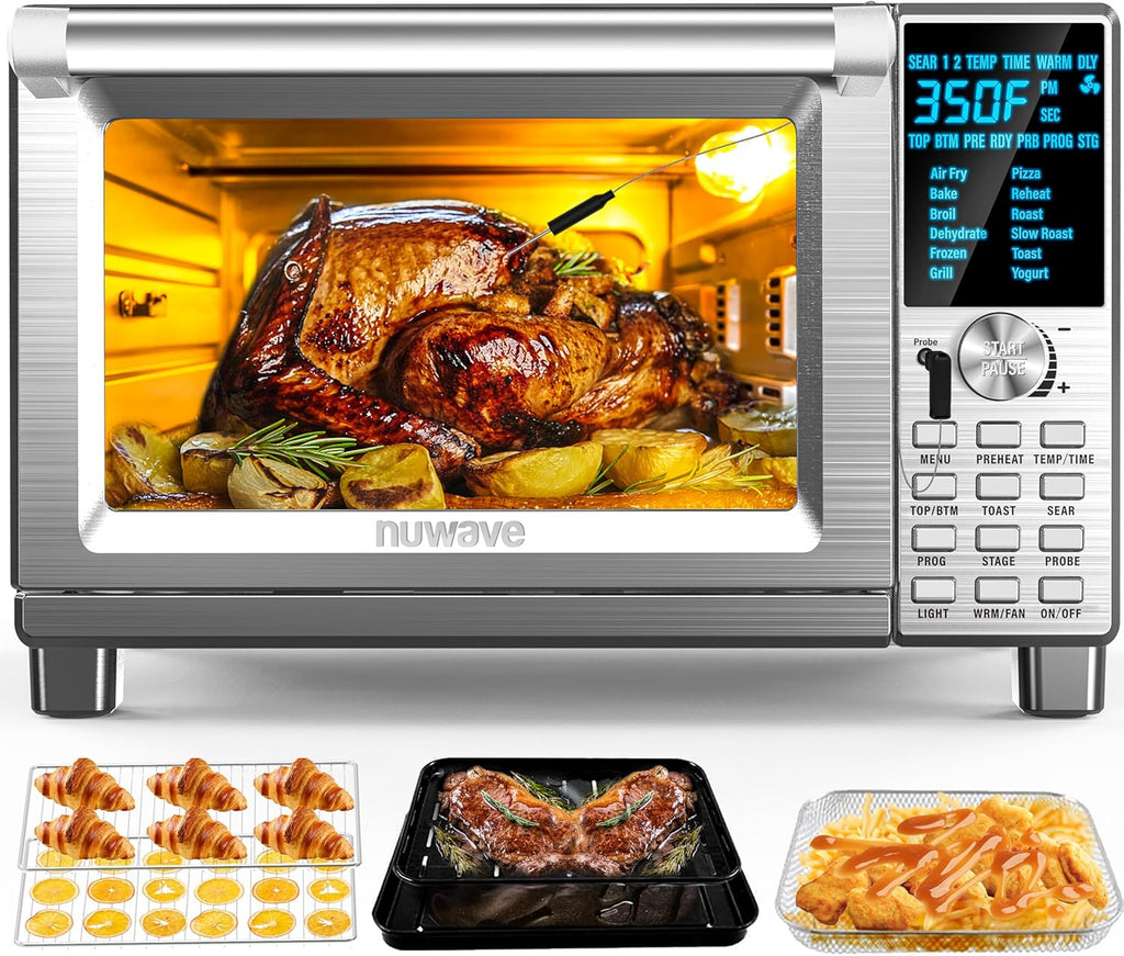 Nuwave Bravo Air Fryer Toaster Oven - 12-in-1 Convection Cooking | 30-QT XL Capacity, Brushed Stainless Steel