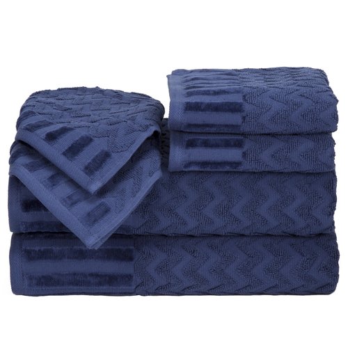 Lavish Home 6-Piece Cotton Deluxe Plush Bath Towel Set – Chevron Pattern Plush Sculpted Spa Luxury Decorative Body, Hand and Face Towels (Navy), 27'x54"x0.25"
