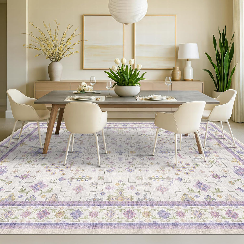 Skiennix Light Purple Area Rug - Non-Slip, Washable Design for Girls' Bedroom | 5x7 Size, Lavender & Cream with Green Accents