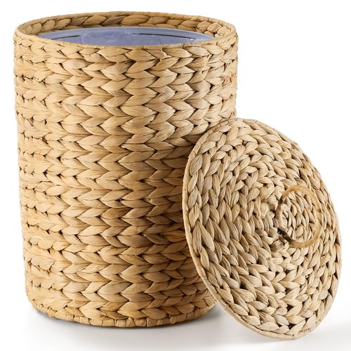 BLUEWEST 3 Gallons Wicker Trash Can with Lid,Handwoven Rattan Trash Can, Woven Decorative Wastebasket, Wicker Waste Basket with Removable Plastic Inner Bin for Bathroom, Bedroom, Office, or Kitchen