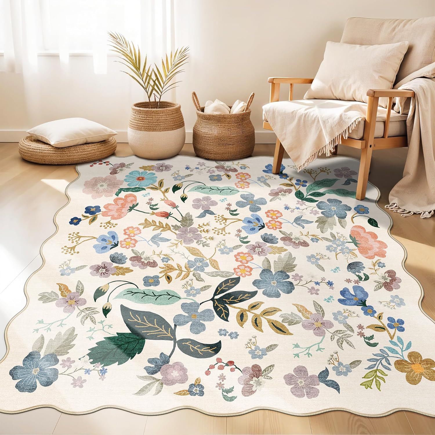 Skiennix Floral Square Area Rug - Washable 5x5 Soft Water-Resistant Carpet for Living Room & Bedroom | Non-Slip Backing, Cream