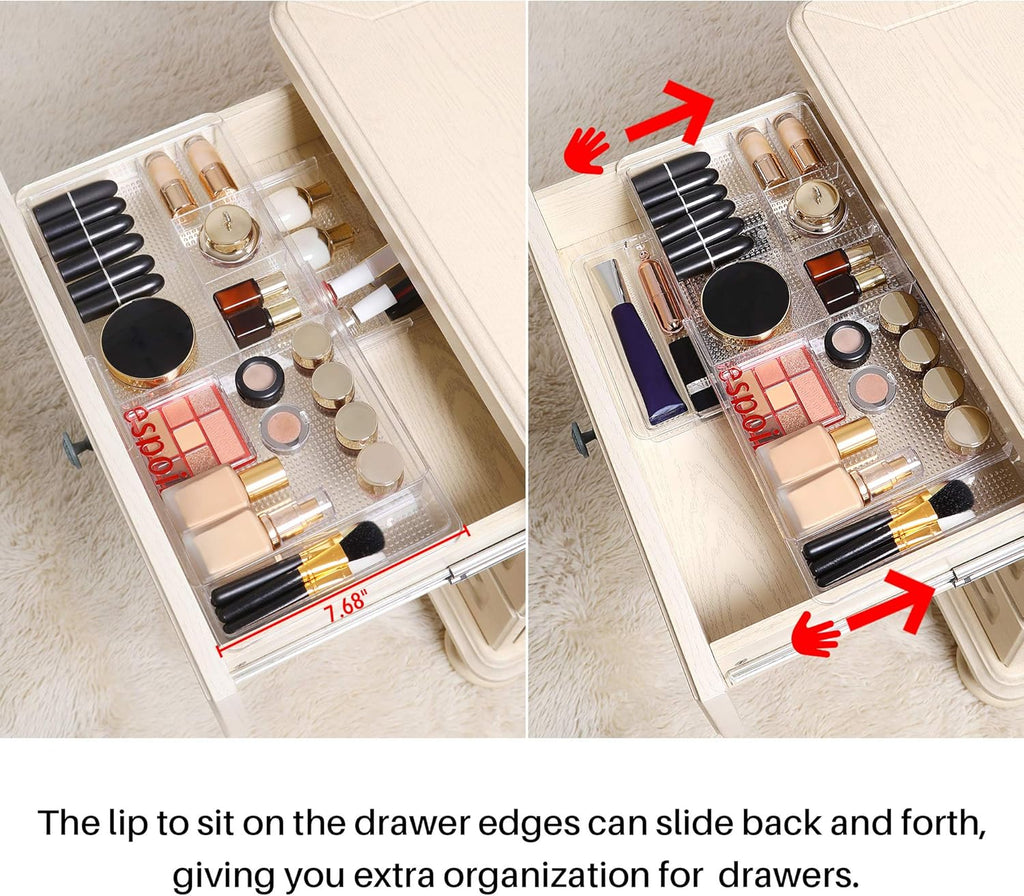 Oubonun Expandable Drawer Organizer - Shallow Cosmetic Storage Trays | 11.1” to 19.2” Width, 4 Packs, Clear