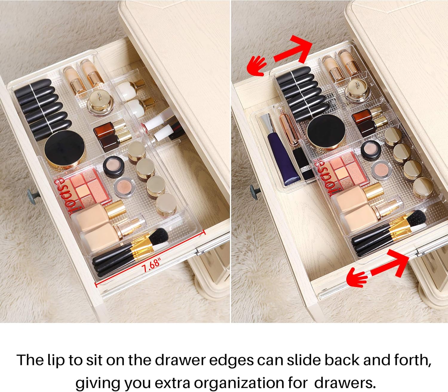 Oubonun Expandable Drawer Organizer - Shallow Cosmetic Storage Trays | 11.1” to 19.2” Width, 4 Packs, Clear