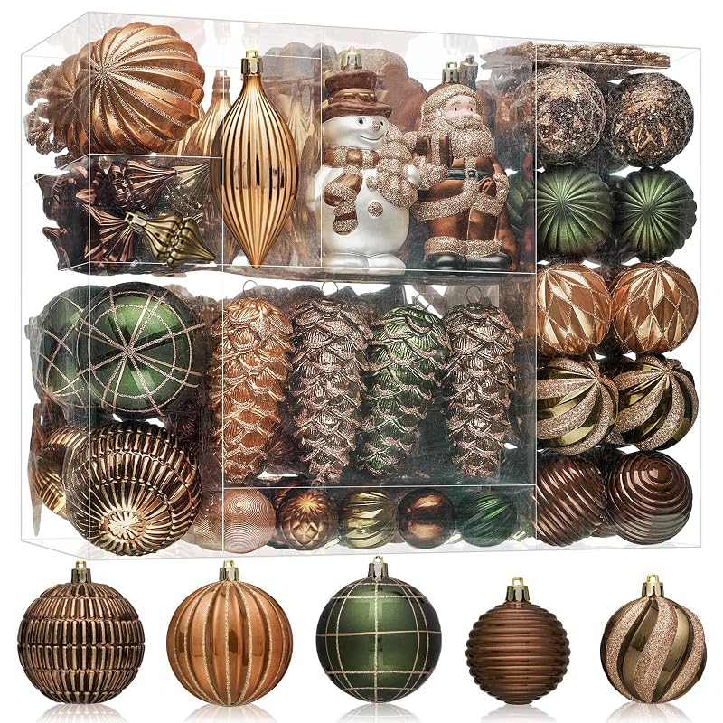 Earth Tone 179-Pack Christmas Tree Ornaments Set with Lanyard - Shatterproof Baubles & Snowmen, Santa, Pine Cones, Tree Topper