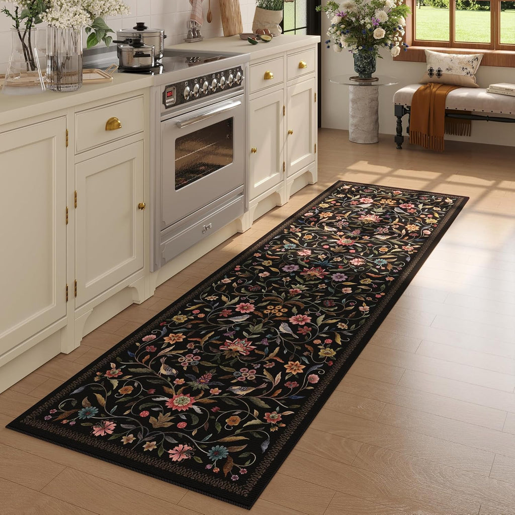 Vintage Medallion Floral Runner Rug - Washable Non-Slip Low Pile Carpet | 2'7"x8' | Black