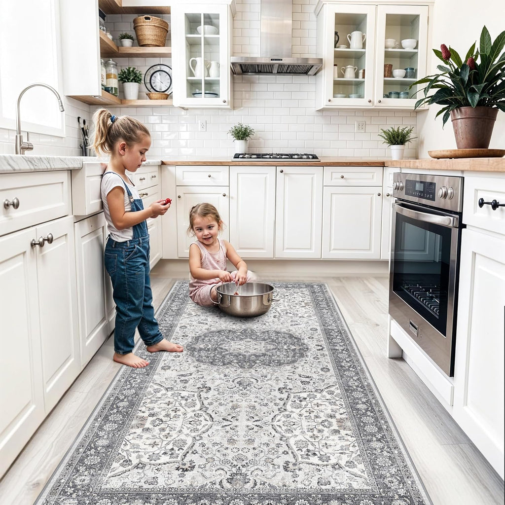 Regine Switzerland 4x8 Washable Runner Rug - Stain Resistant Oriental Design | Soft Non-Slip Carpet for Entryway, Kitchen, and Bathroom (Grey)