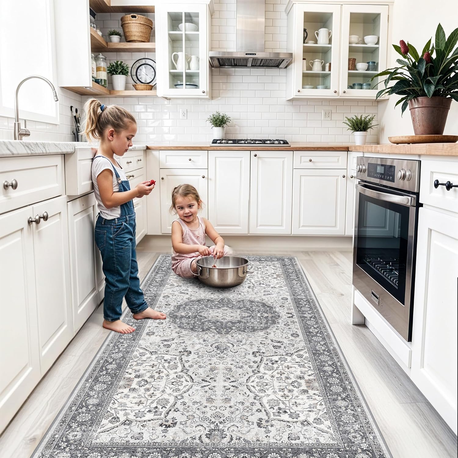 Regine Switzerland 4x8 Washable Runner Rug - Stain Resistant Oriental Design | Soft Non-Slip Carpet for Entryway, Kitchen, and Bathroom (Grey)