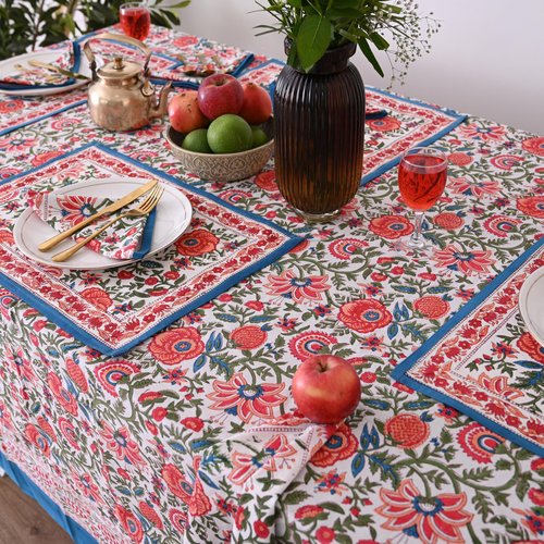 DecorAvenue Hand Block Printed Cotton Tablecloth Elegant Floral Design Perfect for Dining Table Kitchen Parties Home Decor, Wall Tapestry (Peach Floral, 10 Seater 72 x 118 Inches Rectangle)