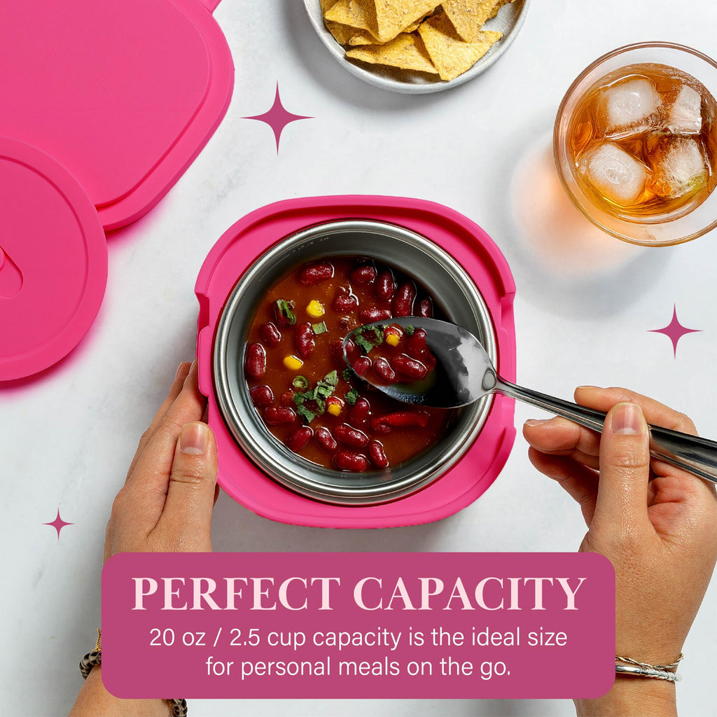 Paris Hilton Electric Lunch Warmer, 20-Ounce Stainless Steel Portable Food Container With Sealing Lid, Removable 2.5-Cup Inner Dish, Bow Front Decal, Hot Pink