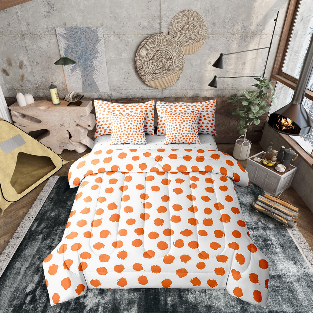 Erosebridal Brush Stroke Sheet Set Queen Size Polka Dots Bed in A Bag 7 Pcs for Kids Girls Boys Farmhouse Orange White Comforter Set Lightweight Bed Set