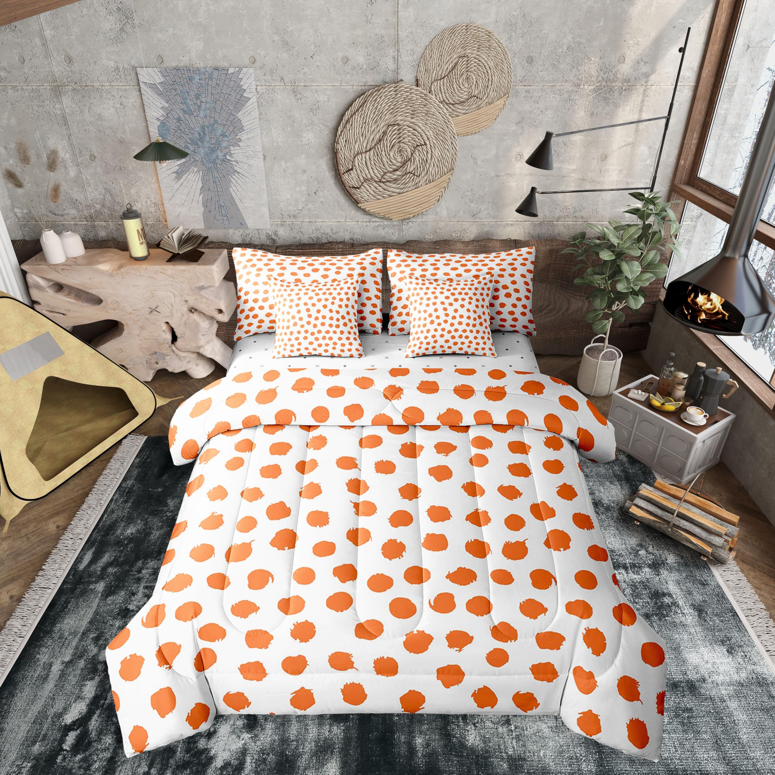 Erosebridal Brush Stroke Sheet Set Queen Size Polka Dots Bed in A Bag 7 Pcs for Kids Girls Boys Farmhouse Orange White Comforter Set Lightweight Bed Set