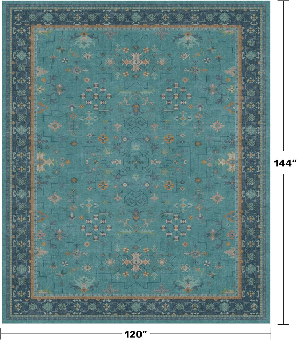Skiennix Washable Large Teal Boho Living Room Rug - Soft Floral Area Rug, Non-Slip & Stain Resistant, 10x12 ft
