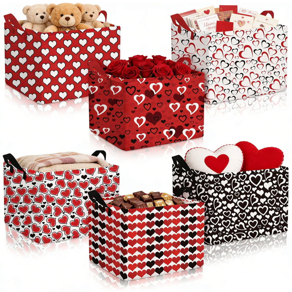 Youyole 6 Pcs Galentine's Day Gifts Basket Set Valentine's Day Storage Bins Red Heart Empty Gifts Basket Organizer with Love Pattern Valentine Decorative Container Box with Handle for Closet Shelf