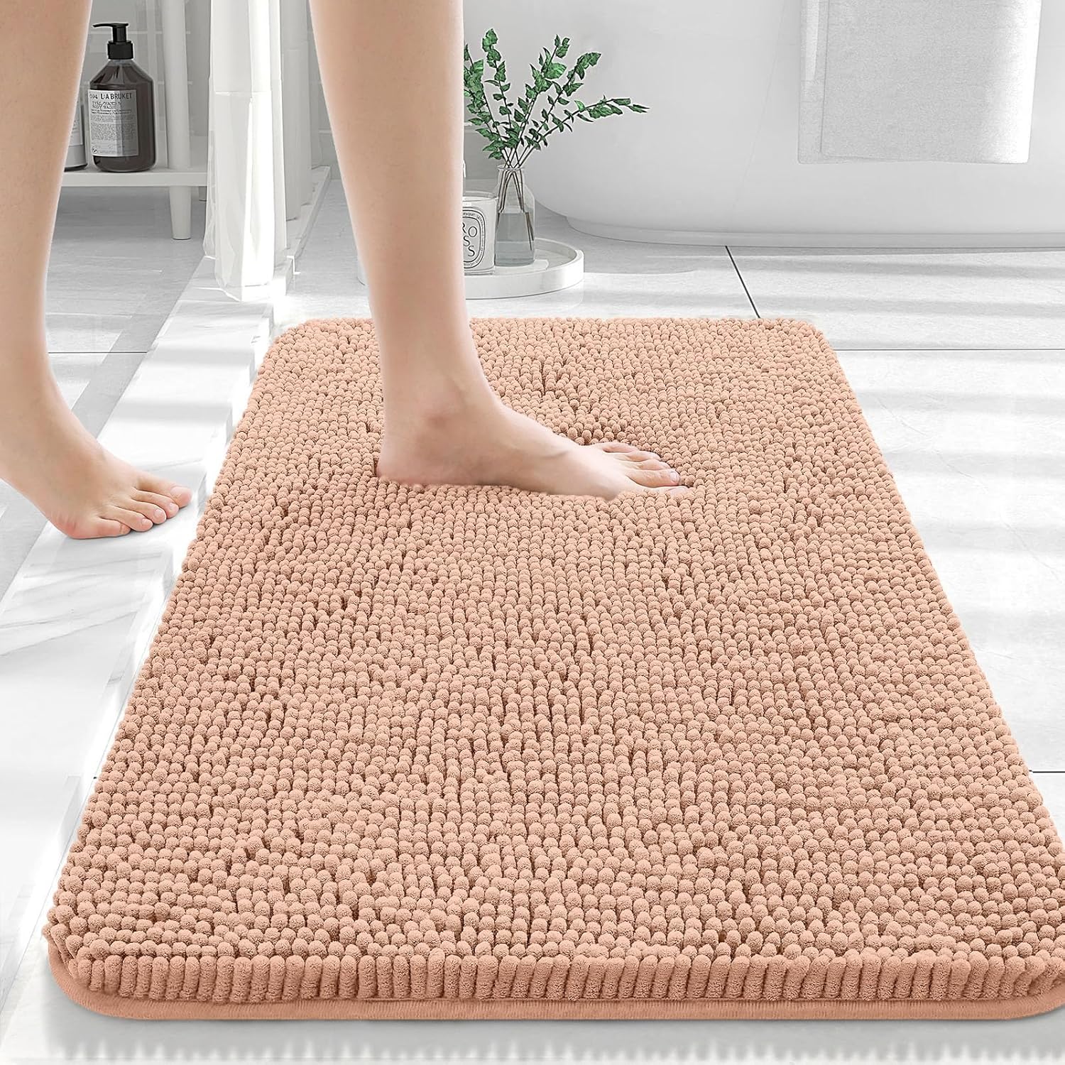 OLANLY Large Bathroom Rugs - Extra Soft Chenille Bath Mats with Rubber Backing | Quick Dry, Machine Washable, Peach 50x30