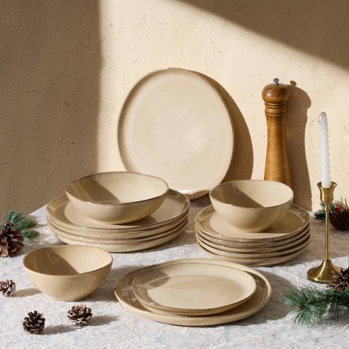 Herogo Dinnerware Sets for 8, 24pcs Stoneware Dinner Dish Set, Irregular Handmade Plates and Bowls Dishware, Crack and Scratch Resistant, Microwave & Dishwasher Safe, Cream Khaki