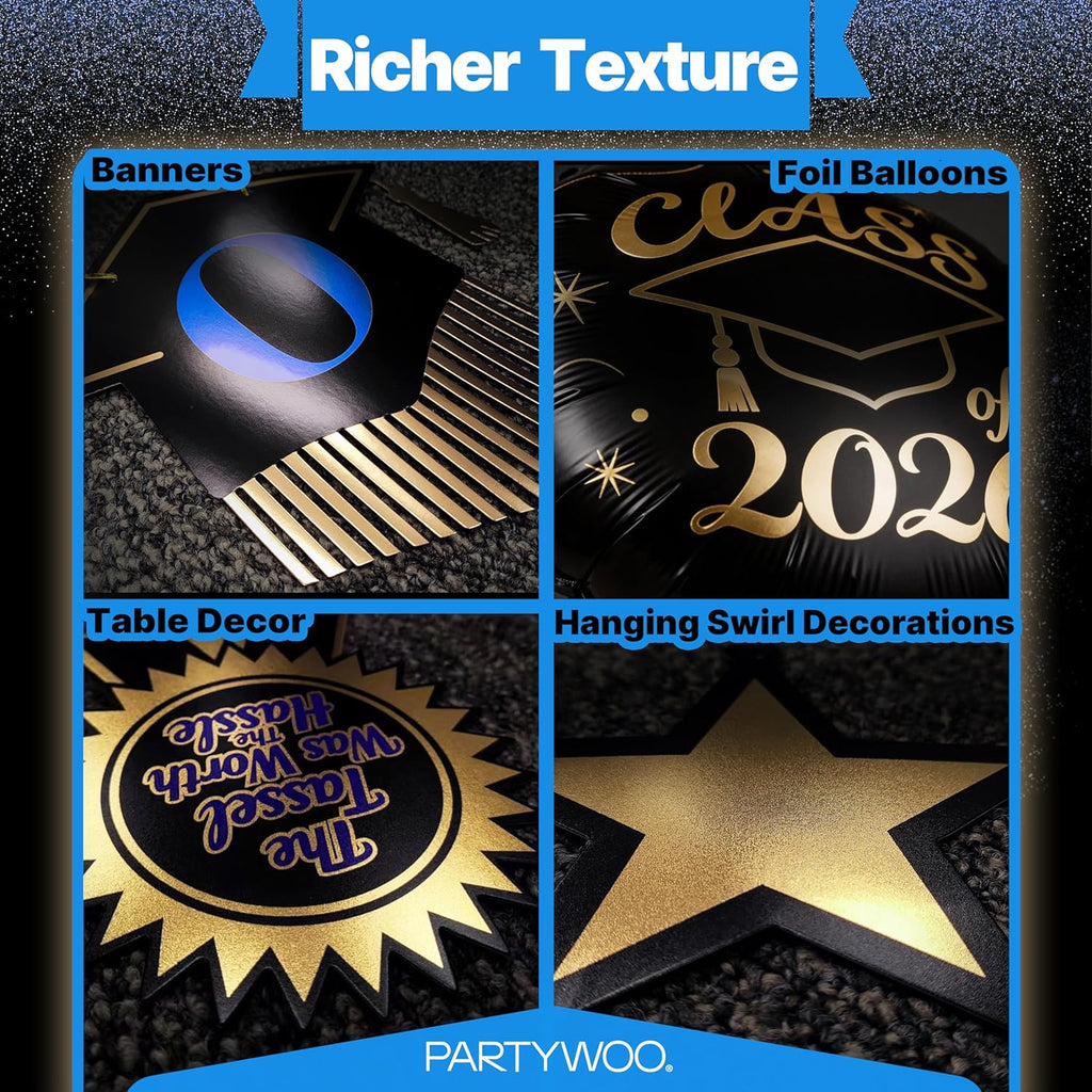 PartyWoo Graduation Decorations - Class of 2026 Black, Gold & Blue 19-Piece Set with Congrats Banner & Balloons