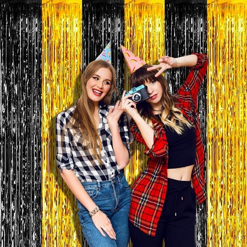 Black Gold Foil Fringe Curtain Backdrop by [Brand Name] - 4 Pack, 3.2Ft x 8.2Ft for Photo Booths & Parties