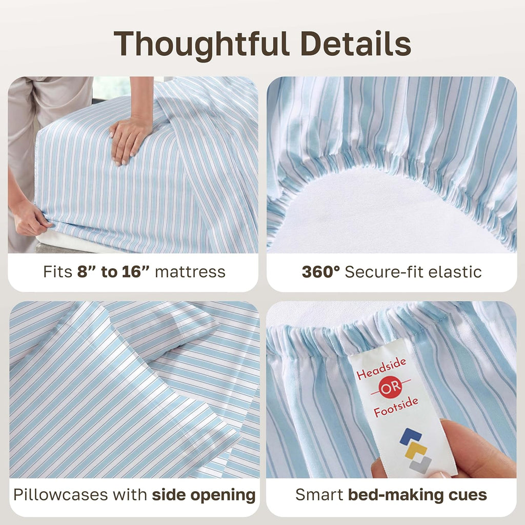 California Design Den 100% Cotton Cal King Sheets Set - 400 TC, Award-Winning Smooth Sateen, Deep Pockets, Cape Stripe Blue