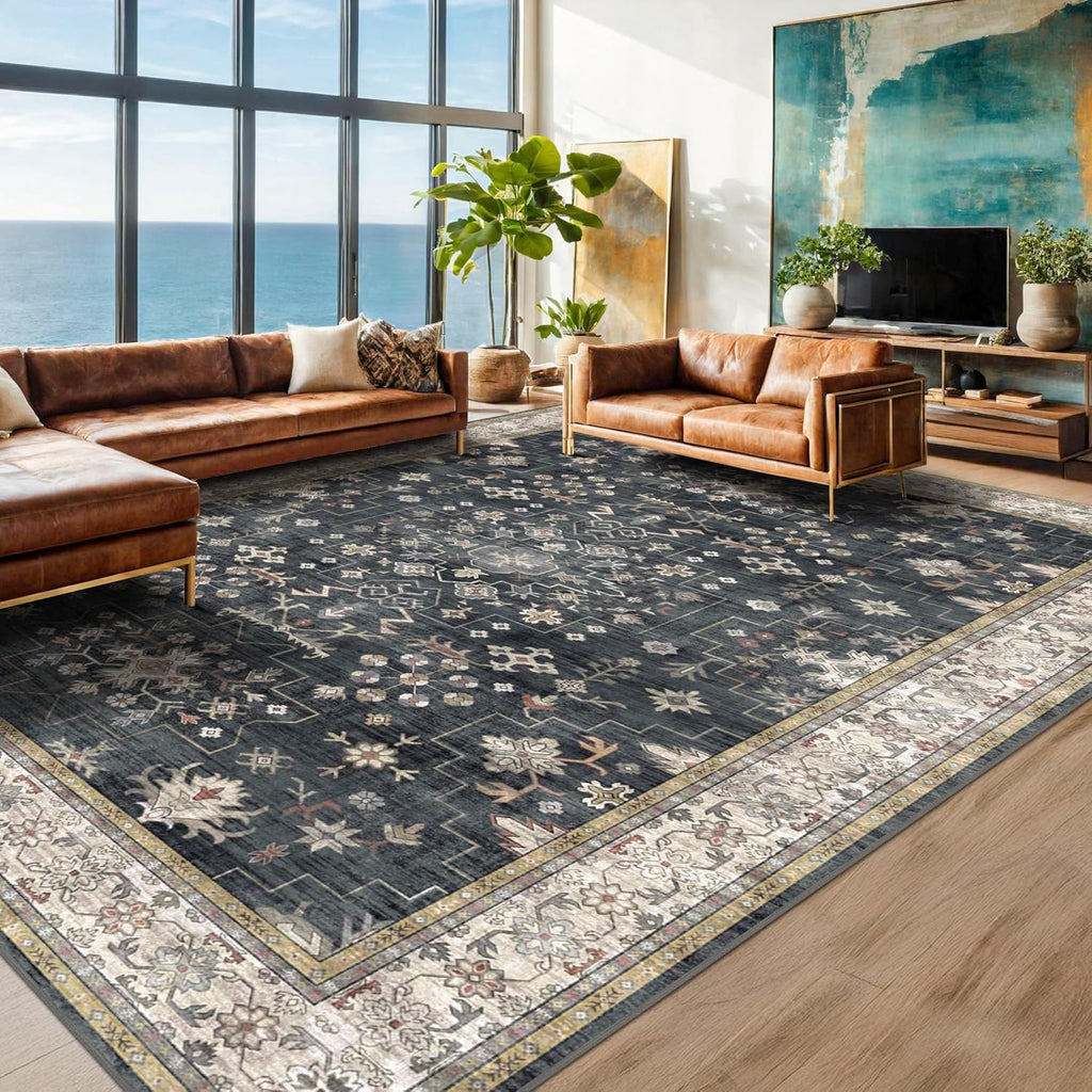 Boho Black Rug - Washable 10x14 Area Rug for Living Room | Soft Low Pile Carpet, Non-Slip & Stain Resistant
