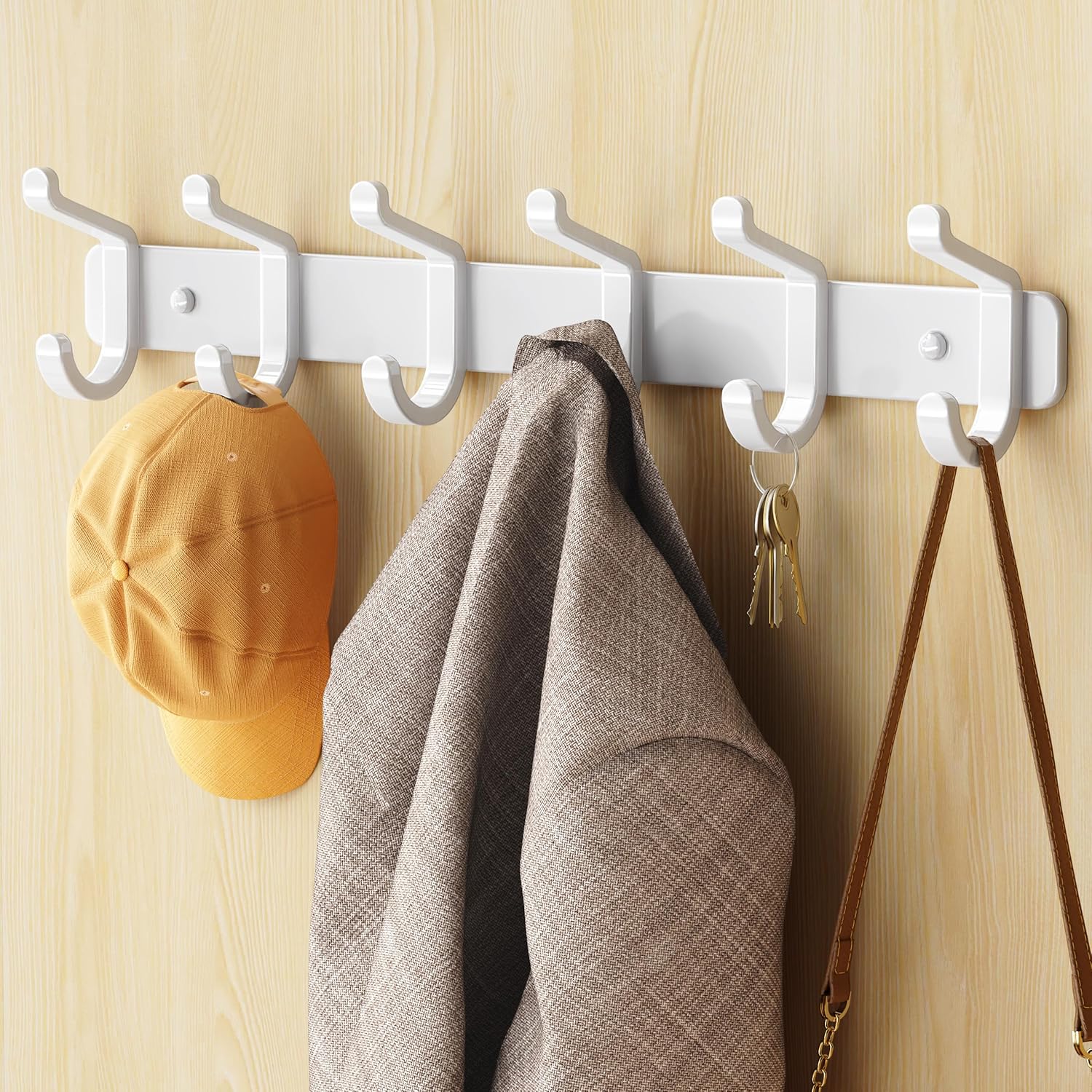 Pickpiff Coat Rack - Heavy-Duty Wall Mounted Metal Hanger with 6 Hooks for Hats, Clothes & More | White, 2 Pack