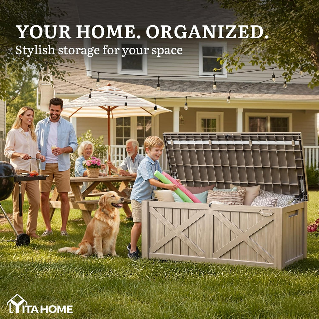 YITAHOME 150 Gallon Outdoor Storage Box - Waterproof Resin Deck Bench for Patio & Garden - Lockable, Taupe