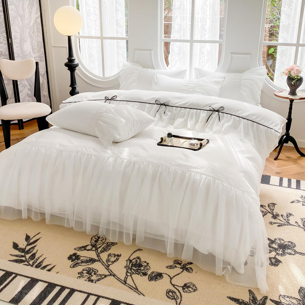 SOUKECHY White Lace Ruffled Queen Duvet Cover Set, Bow Duvet Cover,Chic Kids Bedding,100% Polyester,Lightweight Duvet Cover Set with Zipper Closure for Girls