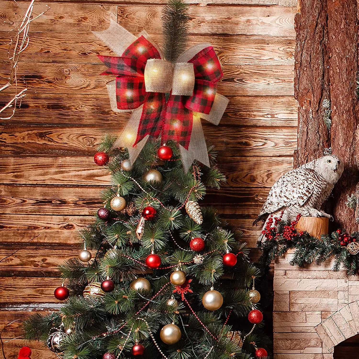 SIMISI Ribbon LED Christmas Bow - Rustic Buffalo Plaid Burlap with Lights | 9.5 x 13 Inch