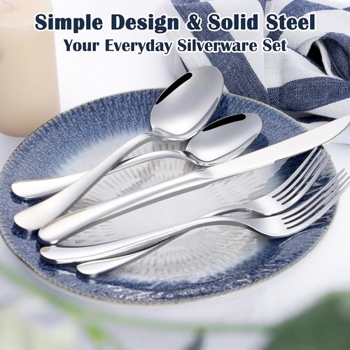 E-far Heavy Duty Silverware Set - 40-Piece Stainless Steel Flatware for 8 | Thick Utensils, Dishwasher Safe