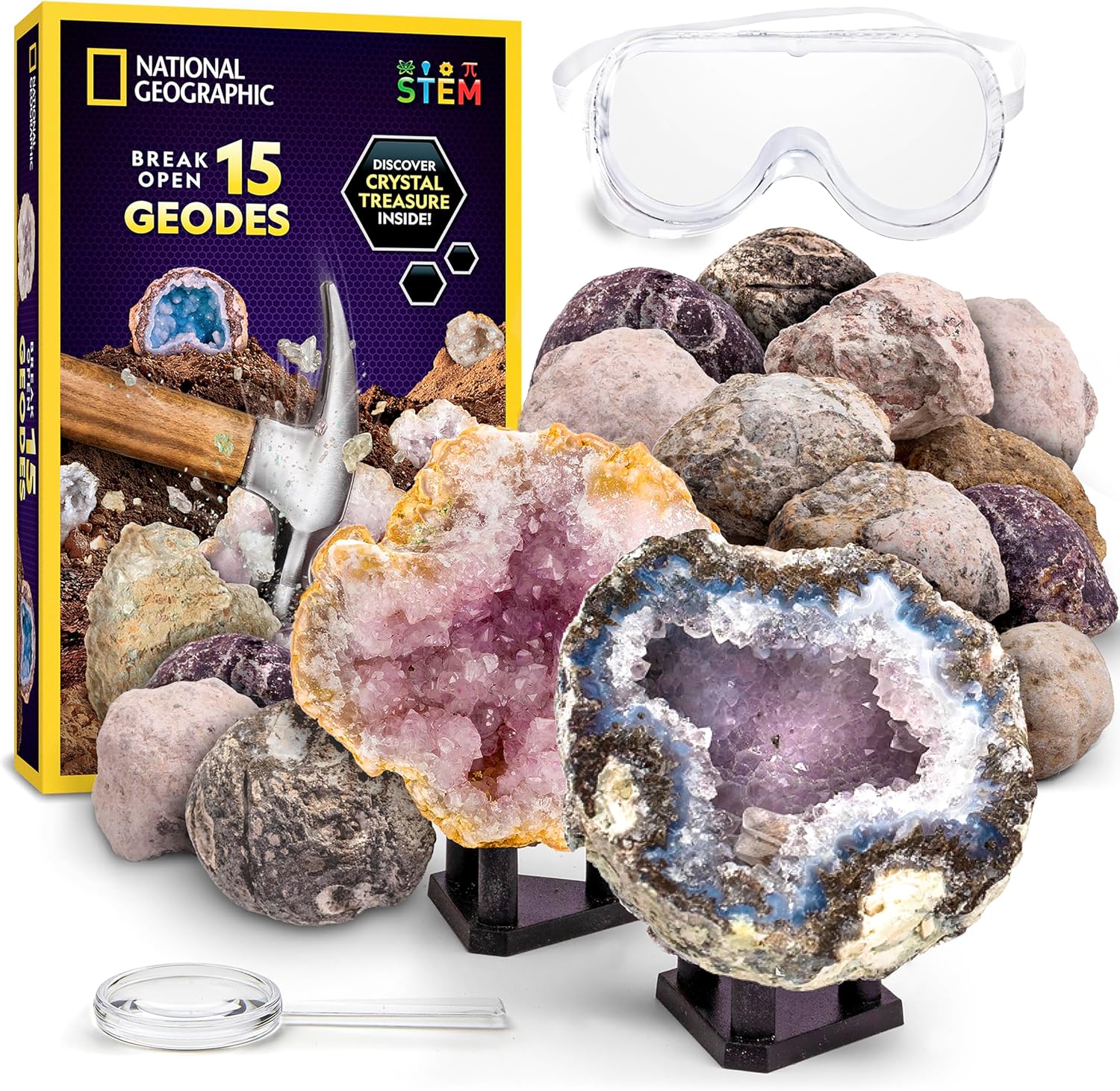 National Geographic Geode Science Kit - Break Open 15 Premium Geodes with Goggles & Display Stands | Perfect STEM Gift for Kids