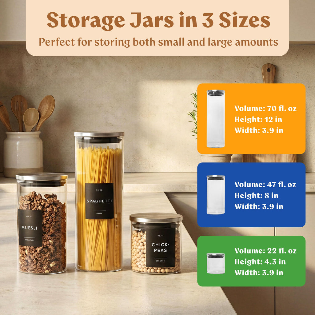 EDELHAUS Glass Storage Containers with Stainless Steel Lids [Extra Thick Glas] with 54 Labels - Canister For Pantry Noodles Flour Cereal Rice Sugar Tea Coffee Beans - Round Set of 5x