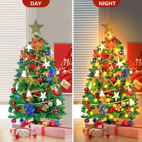 3FT Small Christmas Tree, Tabletop Christmas Trees with 80 LED Lights and 200 Lifelike Branches, Prelit Christmas Tree with 148 Ornaments, Small Xmas Tree for Holiday Indoor DIY Decor
