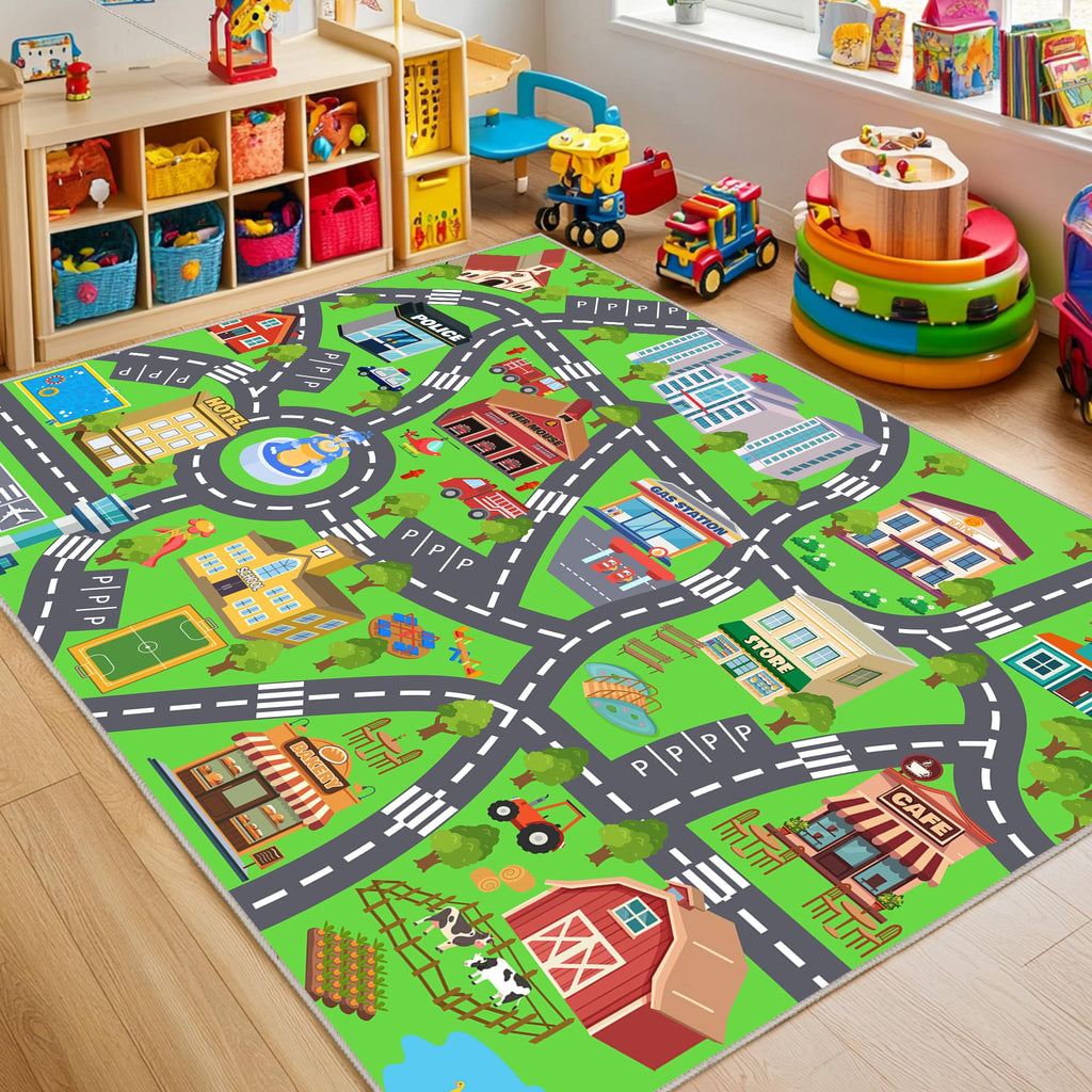 OHDS Kids Room Rug - Soft & Non-Slip 5x7 Ft Town Car Rug City Map Play Mat, Childrens Road Catpet Washable Rug for Classroom Nursery Bedroom Boys