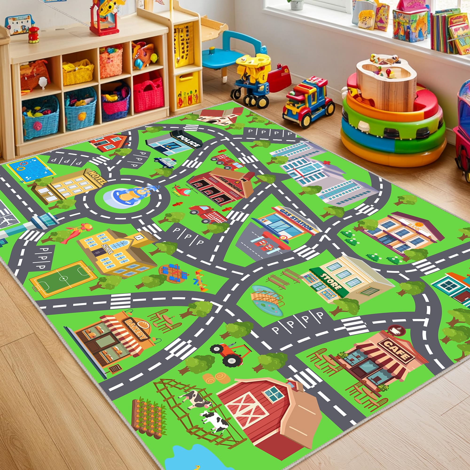 OHDS Kids Room Rug - Soft & Non-Slip 5x7 Ft Town Car Rug City Map Play Mat, Childrens Road Catpet Washable Rug for Classroom Nursery Bedroom Boys