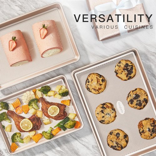 HONGBAKE Nonstick Baking Sheet Pan Set - Heavy Duty Cookie Trays in Champagne Gold | 3 Sizes Included