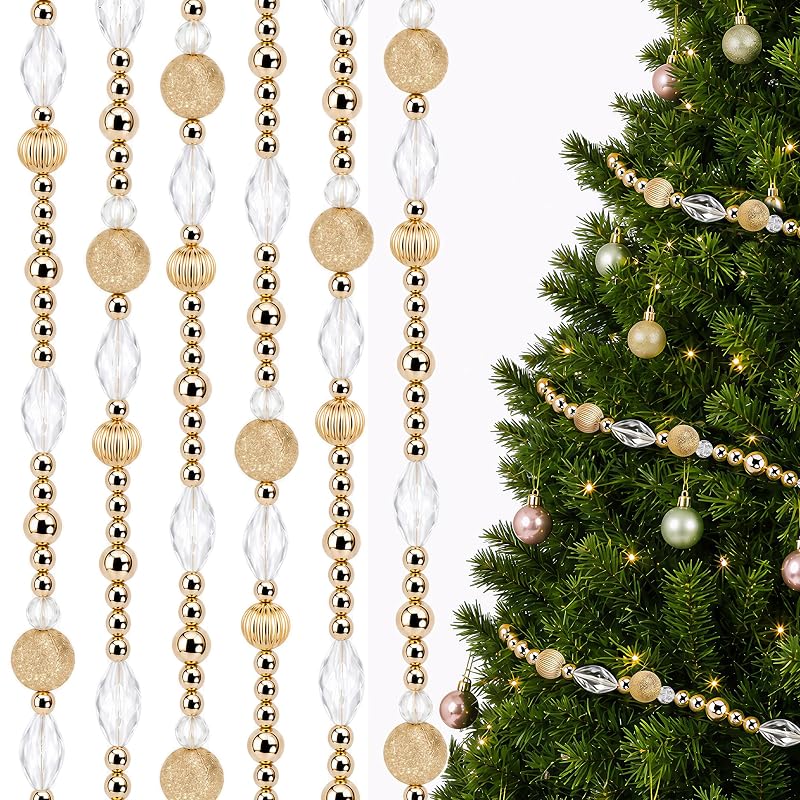 Golden 3pc 30ft Christmas Bead Garland Set - Gold Beaded Garland for Tree, Mantel & Wreath (Variation: Golden-3pcs)